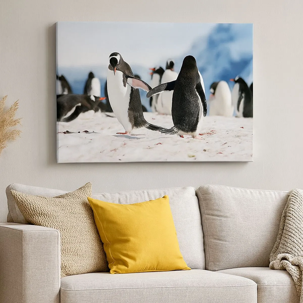 Quadro em tela - Um grupo de pinguins na neve em uma paisagem antártica - 70x50cm - Dança na neve - Decoração de parede moderna para a sala de estar e quarto ARTTOR