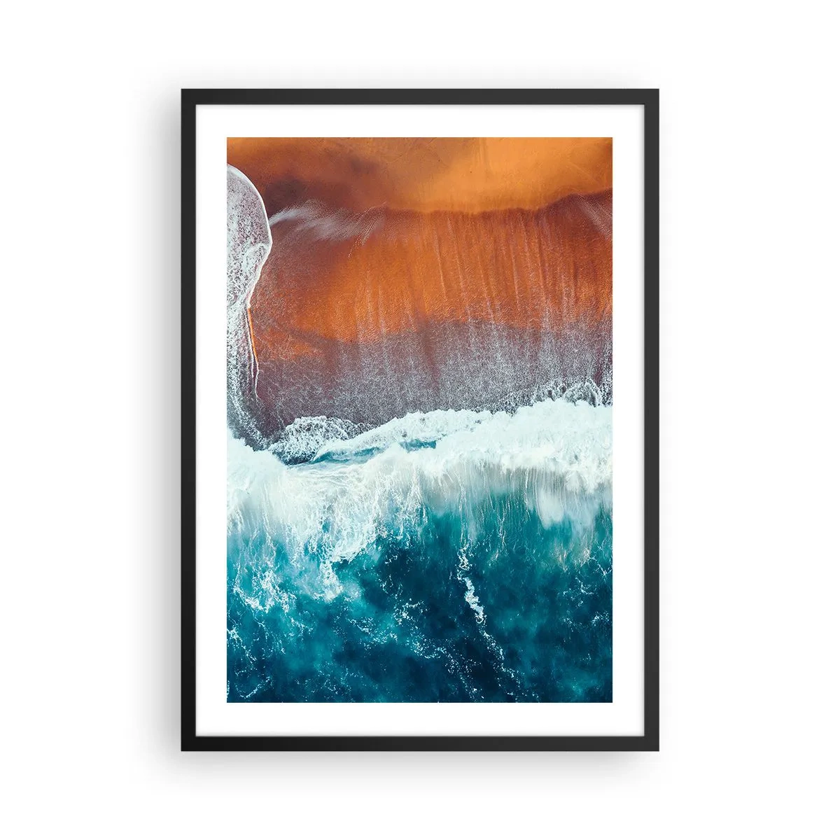 Pôster com moldura preta - Ondas do oceano quebrando contra a costa com areia de cores quentes - 50x70cm - Toque do oceano - Decoração de parede moderna para a sala de estar e quarto ARTTOR