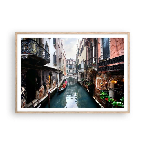 Pôster com moldura de carvalho claro - Paisagem veneziana com gôndola e ponte - 100x70 cm
