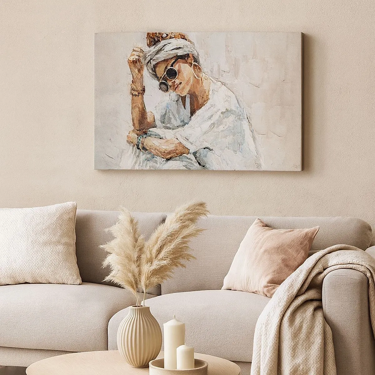 Quadro em tela - Retrato de uma mulher usando óculos de sol contra uma parede clara - 70x50cm - Retrato em pleno sol - Decoração de parede moderna para a sala de estar e quarto ARTTOR