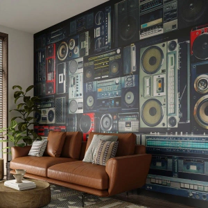 Papel de Parede Premium Sand - Saudades dos anos 80. - Gravador, Amplificador de música, Equipamento Musical Vintage - 100x70 cm