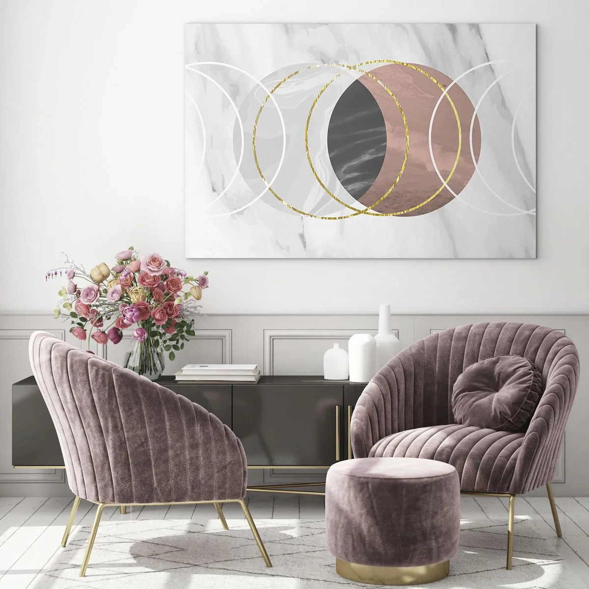 Quadro em vidro - Círculos geométricos em tons de cobre, dourado e mármore - 70x50cm - Música das esferas - Decoração de parede moderna para a sala de estar e quarto ARTTOR