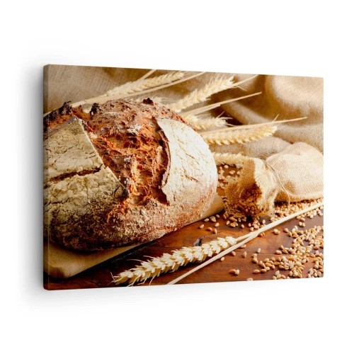 Quadro em tela - Pão crocante com grãos e espigas de trigo em fundo de madeira - 70x50cm - Apetitoso, perfumado, crocante - Decoração de parede moderna para a sala de estar e quarto ARTTOR