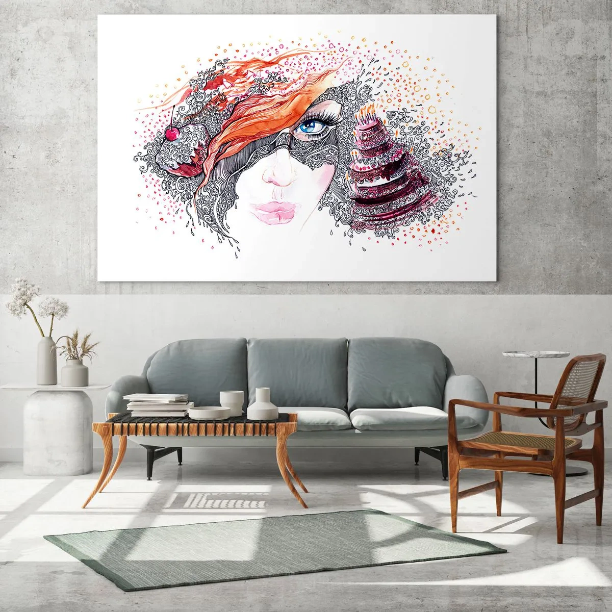 Quadro em vidro - Retrato de uma mulher com padrões dinâmicos e detalhes em vermelho - 70x50cm - Com ela, todos os dias são dias de festa - Decoração de parede moderna para a sala de estar e quarto ARTTOR