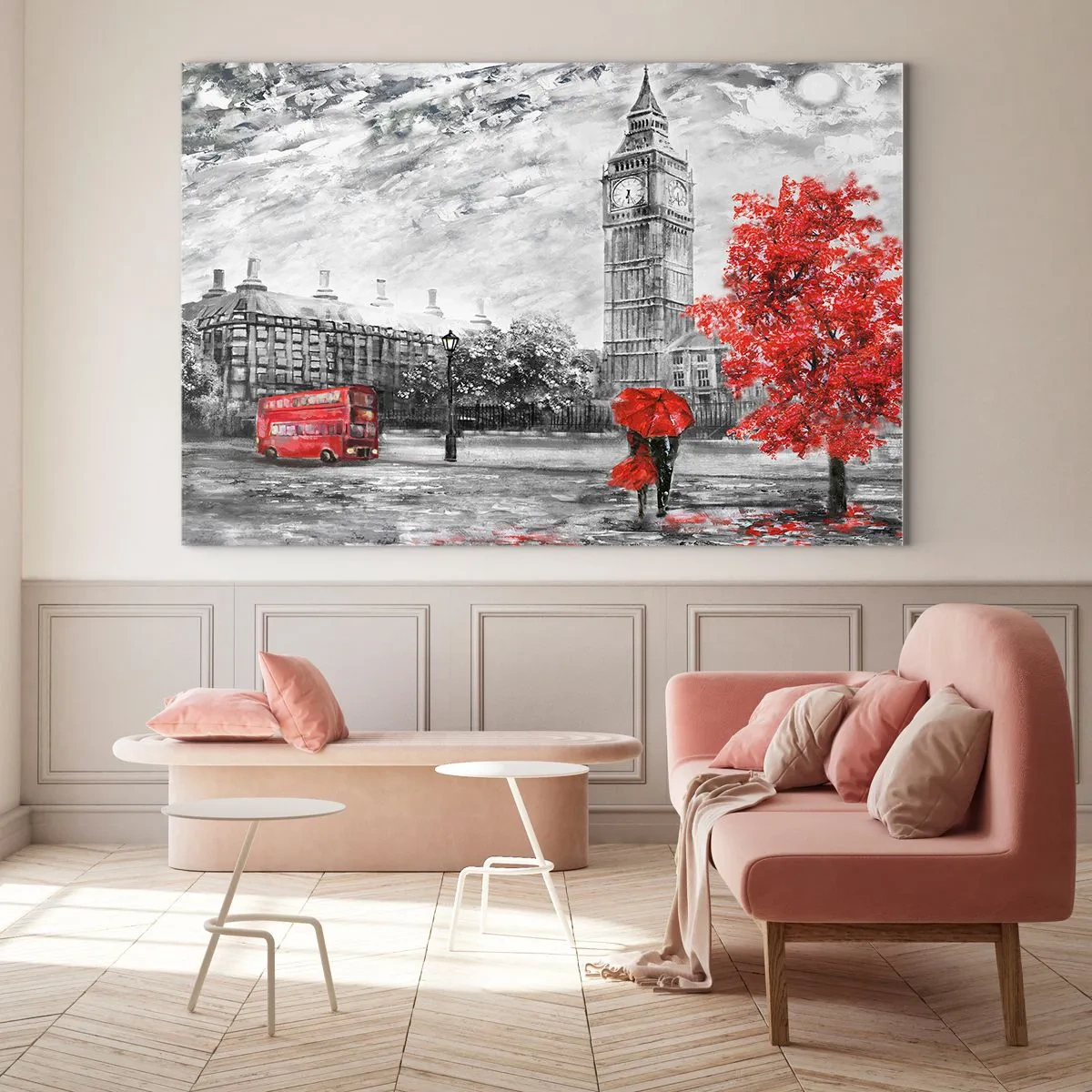 Quadro em vidro - Big Ben com um ônibus vermelho e guarda-chuva em um cenário de árvores de outono - 70x50cm - Um dia emocionante - Decoração de parede moderna para a sala de estar e quarto ARTTOR