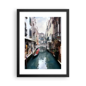 Pôster com moldura preta - Paisagem veneziana com gôndola e ponte - 30x40 cm