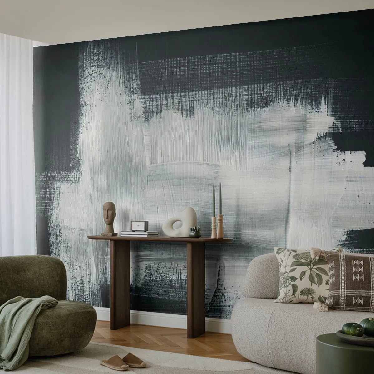 Papel de parede personalizado Premium Sand - Entrelaçado na vertical e horizontal - Abstração, Pedaço, Preto e branco