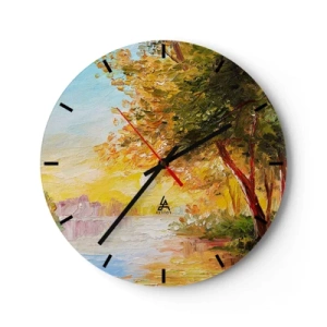 Relógio de parede - Relógio em vidro - Árvores de outono à beira do rio sob o sol quente - 30x30cm - Et in Arcadia ego - Decoração de parede moderna para a sala de estar, cozinha e quarto ARTTOR