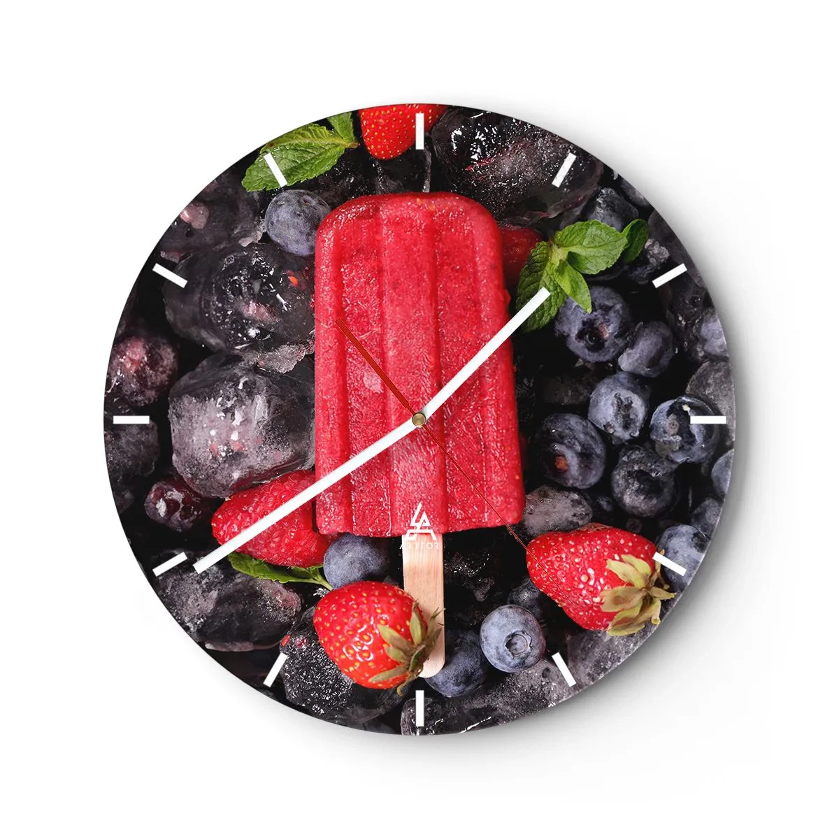 Relógio de parede - Relógio em vidro - Picolé de frutas com mirtilos e morangos congelados - 30x30cm - O sabor de um verão quente - Decoração de parede moderna para a sala de estar, cozinha e quarto ARTTOR