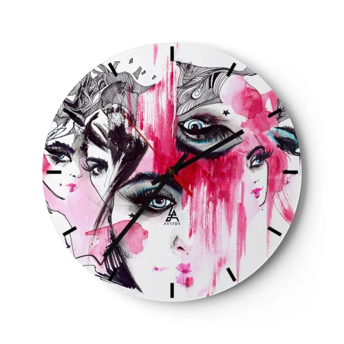 Relógio de parede - Relógio em vidro - Retratos femininos abstratos em rosa e preto - 30x30cm - Olhos abstratos - Decoração de parede moderna para a sala de estar, cozinha e quarto ARTTOR