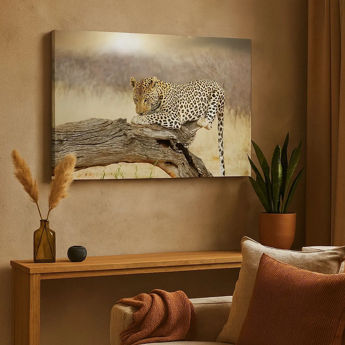 Quadro em tela - Um leopardo descansando no tronco de uma árvore na savana - 70x50cm - Eu sigo o meu próprio caminho - Decoração de parede moderna para a sala de estar e quarto ARTTOR
