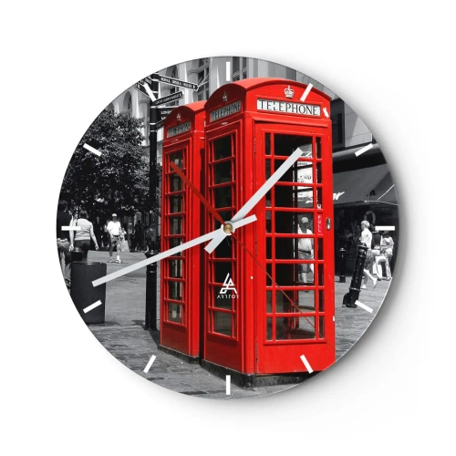 Relógio de parede - Relógio em vidro - Cabines telefônicas vermelhas com a cidade ao fundo - 30x30cm - Cabines telefónicas vermelhas - Decoração de parede moderna para a sala de estar, cozinha e quarto ARTTOR