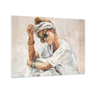Quadro em vidro - Retrato de uma mulher com óculos e turbante pintado com espátula - 70x50cm - Retrato em pleno sol - Decoração de parede moderna para a sala de estar e quarto ARTTOR
