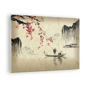 Quadro em vidro - Cena de pesca oriental com galhos de flores de cerejeira e montanhas - 70x50cm - Na terra do sol nascente - Decoração de parede moderna para a sala de estar e quarto ARTTOR