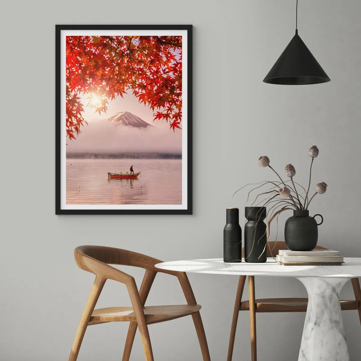 Pôster com moldura preta - Monte Fuji com um barco em um lago e folhas de outono - 50x70cm - No clima japonês - Decoração de parede moderna para a sala de estar e quarto ARTTOR