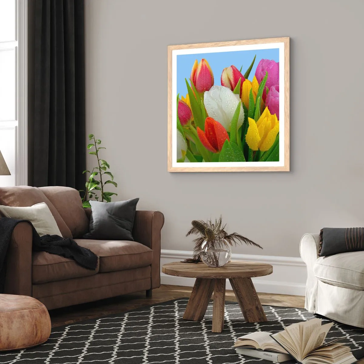 Pôster com moldura de carvalho claro - Arco-íris floral em gotas de orvalho - 60x60 cm