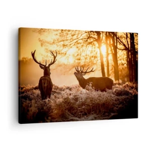 Quadro em tela - Dois veados ao pôr do sol em uma paisagem de inverno - 70x50cm - O sonho do caçador - Decoração de parede moderna para a sala de estar e quarto ARTTOR