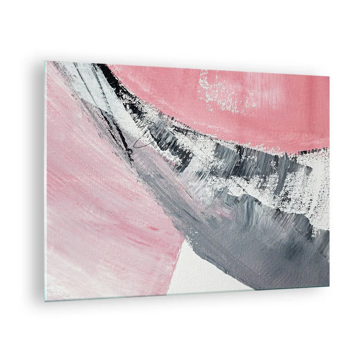 Quadro em vidro - Abstração moderna em rosa, branco e cinza com textura de pincelada - 70x50cm - Composição à medida - Decoração de parede moderna para a sala de estar e quarto ARTTOR