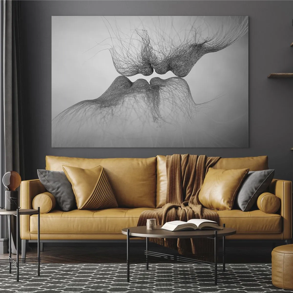Quadro em vidro - Beijo abstrato em preto e branco - 70x50cm - O beijo do vento - Decoração de parede moderna para a sala de estar e quarto ARTTOR