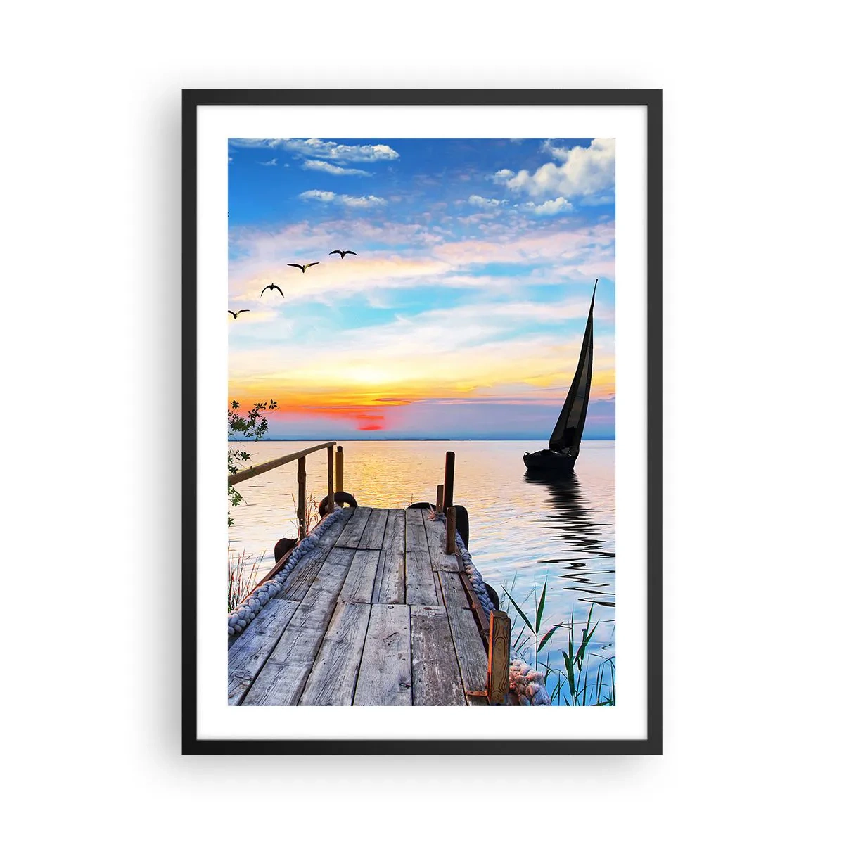 Pôster com moldura preta - Píer à beira do lago ao pôr do sol - 50x70cm - Boa noite - Decoração de parede moderna para a sala de estar e quarto ARTTOR