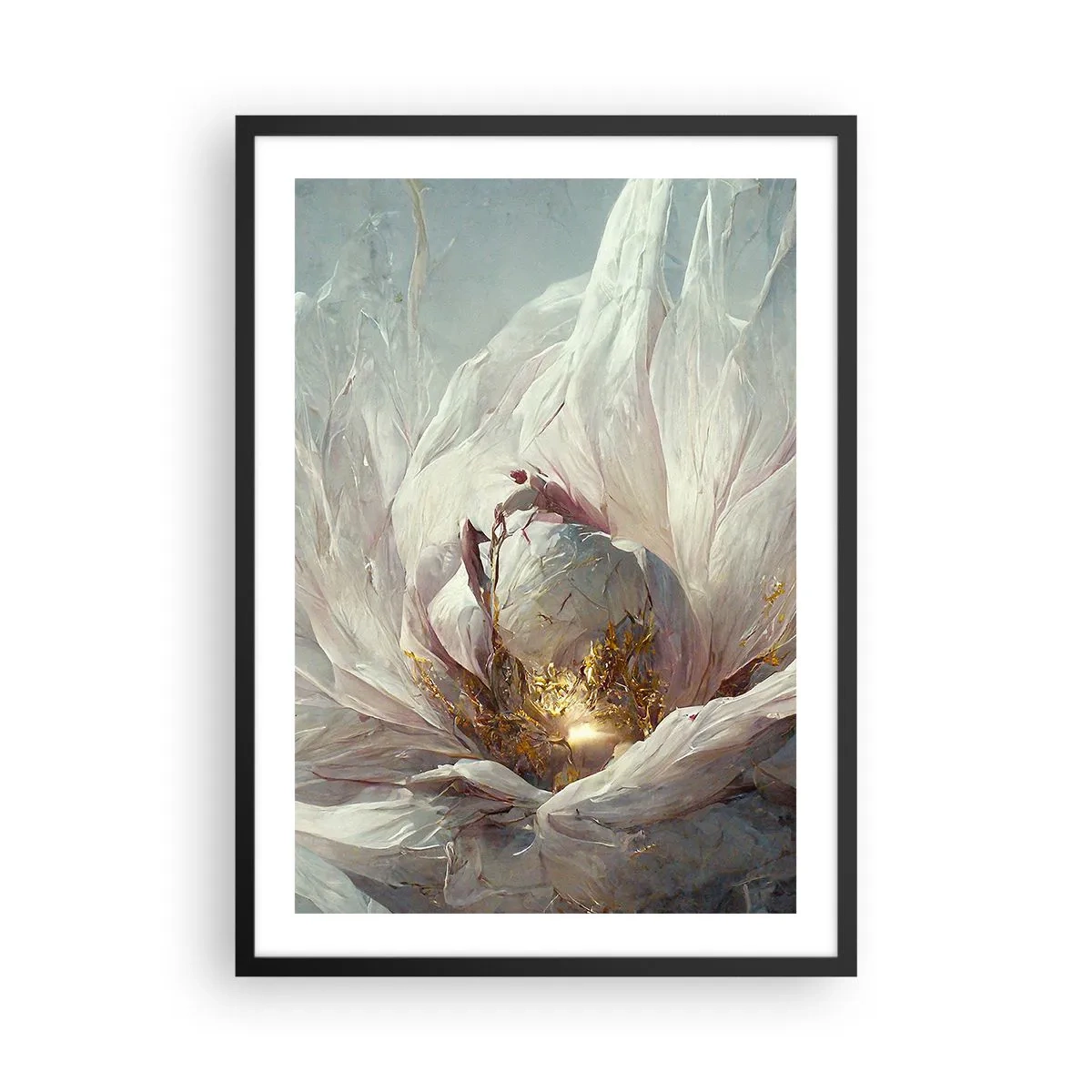 Pôster com moldura preta - Uma abstração sutil com um motivo floral em delicados tons de branco e dourado. - 50x70cm - Floresce uma vez a cada cem anos - Decoração de parede moderna para a sala de estar e quarto ARTTOR