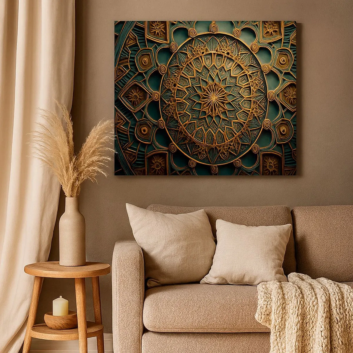 Quadro em tela - Uma mandala dourada sobre um fundo turquesa com detalhes ricos. - 70x50cm - Em uma atmosfera árabe - Decoração de parede moderna para a sala de estar e quarto ARTTOR