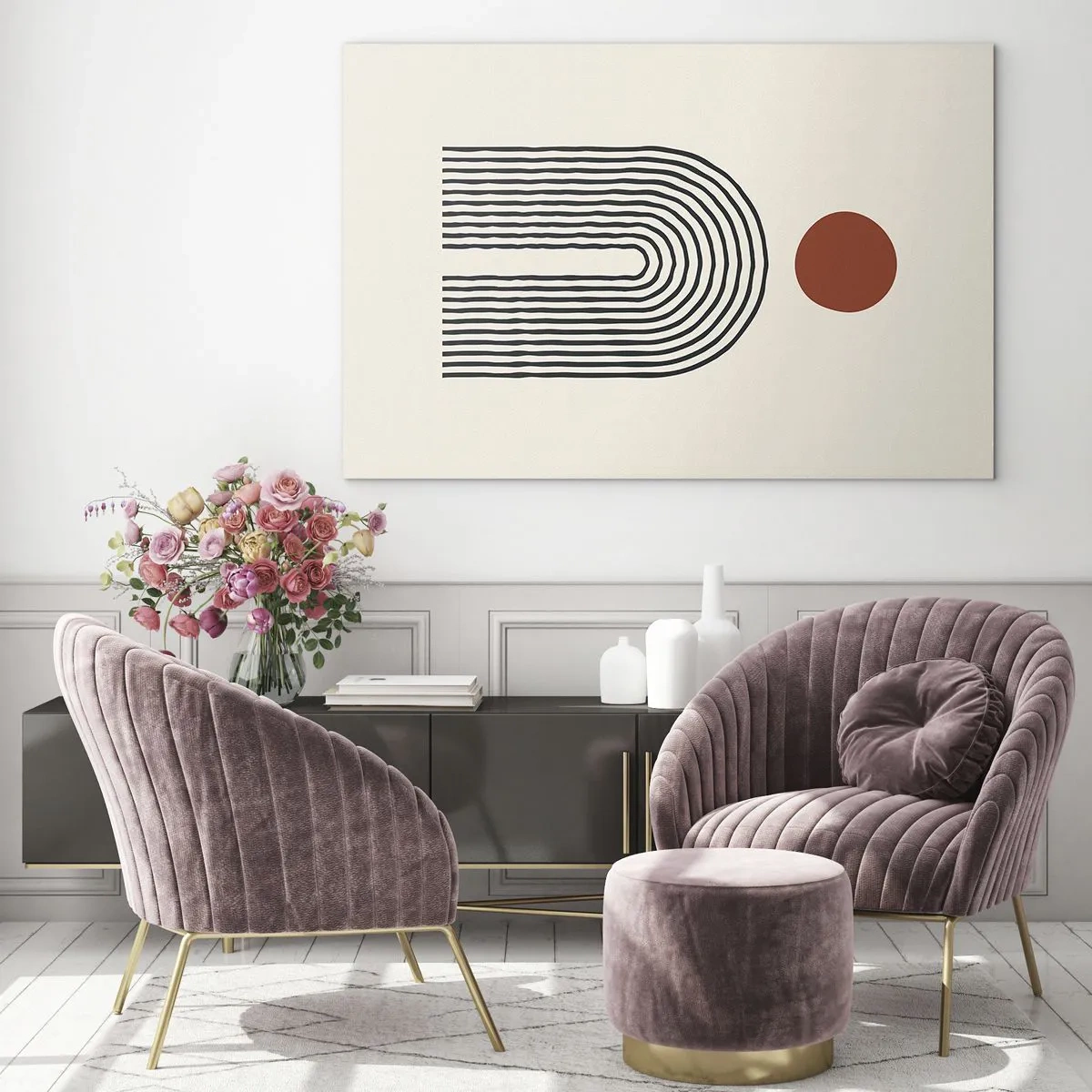 Quadro em vidro - Abstração gráfica com linhas e círculos em estilo retrô - 70x50cm - Magnetismo de formas e cores - Decoração de parede moderna para a sala de estar e quarto ARTTOR