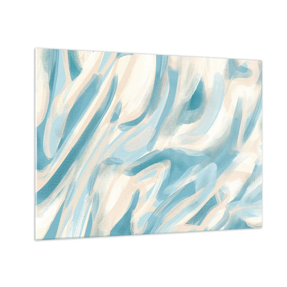 Quadro em vidro - Pinceladas abstratas em cores azul e creme. - 70x50cm - Brisas de primavera - Decoração de parede moderna para a sala de estar e quarto ARTTOR