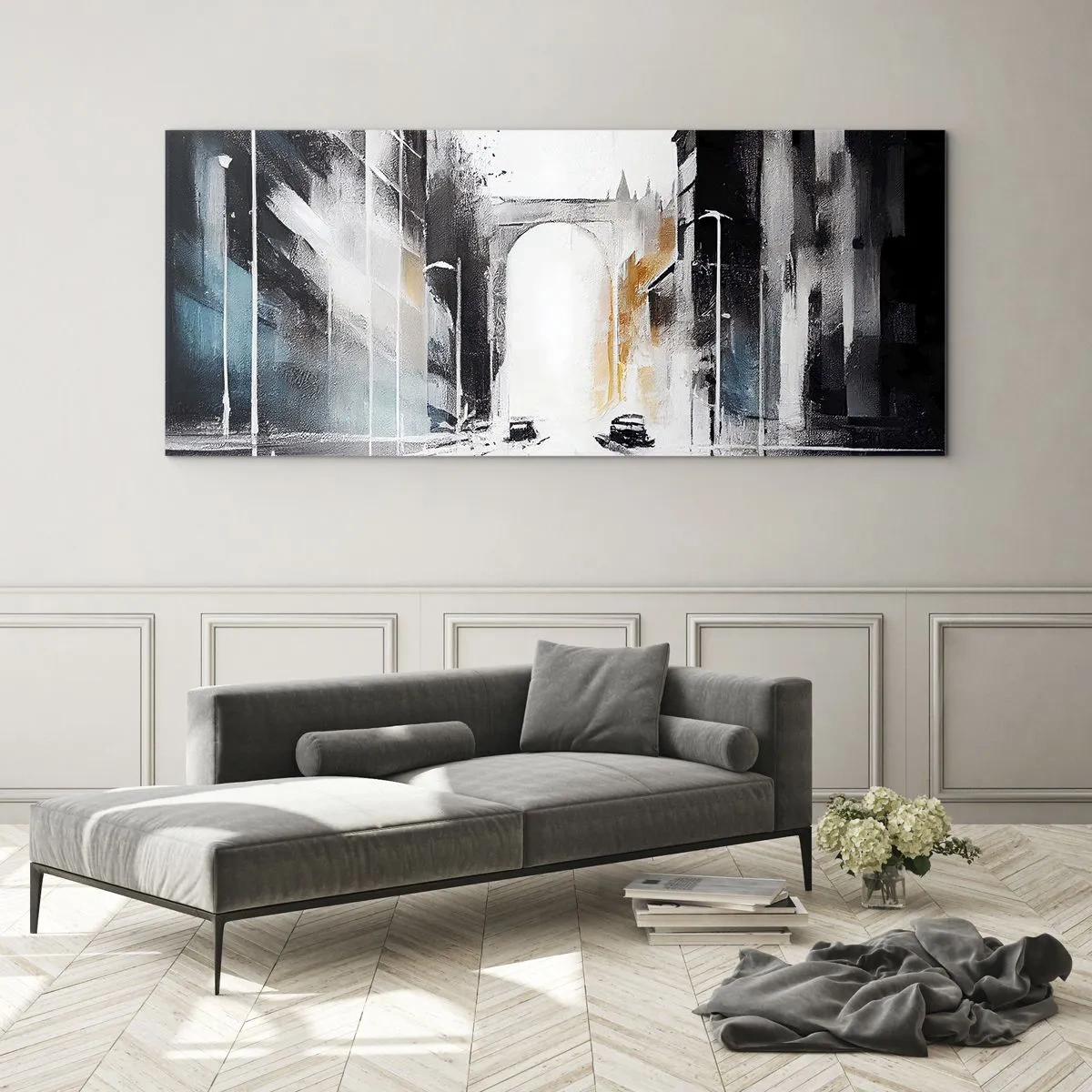 Quadro em vidro - Estudo da cidade: arquitetura e movimento - 100x40 cm