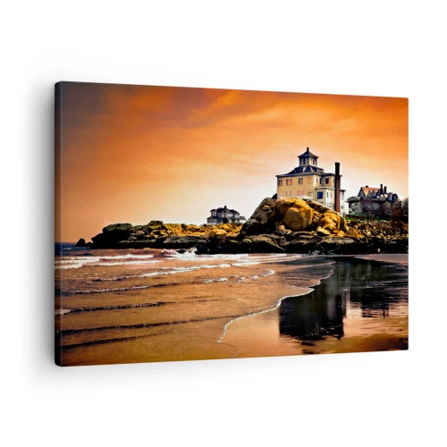 Quadro em tela - Uma casa sobre uma rocha na praia ao pôr do sol com seu reflexo na água - 70x50cm - Elegância da Costa Oeste - Decoração de parede moderna para a sala de estar e quarto ARTTOR