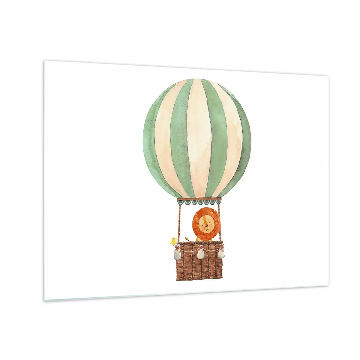 Quadro em vidro - Um leão em uma cesta de balão flutuando sobre um fundo branco - 70x50cm - As viagens de Leon - Decoração de parede moderna para a sala de estar e quarto ARTTOR
