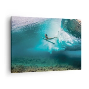 Quadro em tela - Surfista sob uma onda na água azul do oceano - 70x50cm - O mundo subaquático - Decoração de parede moderna para a sala de estar e quarto ARTTOR