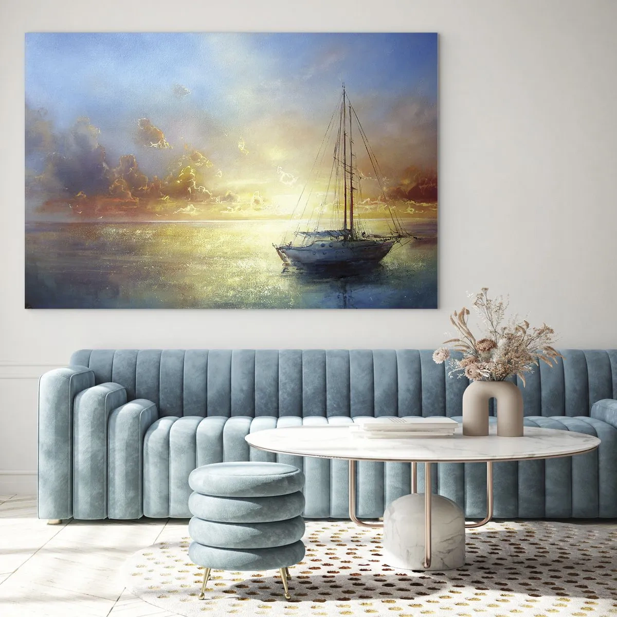 Quadro em vidro - Um veleiro em um mar calmo ao pôr do sol dourado - 70x50cm - Na baía dourada - Decoração de parede moderna para a sala de estar e quarto ARTTOR