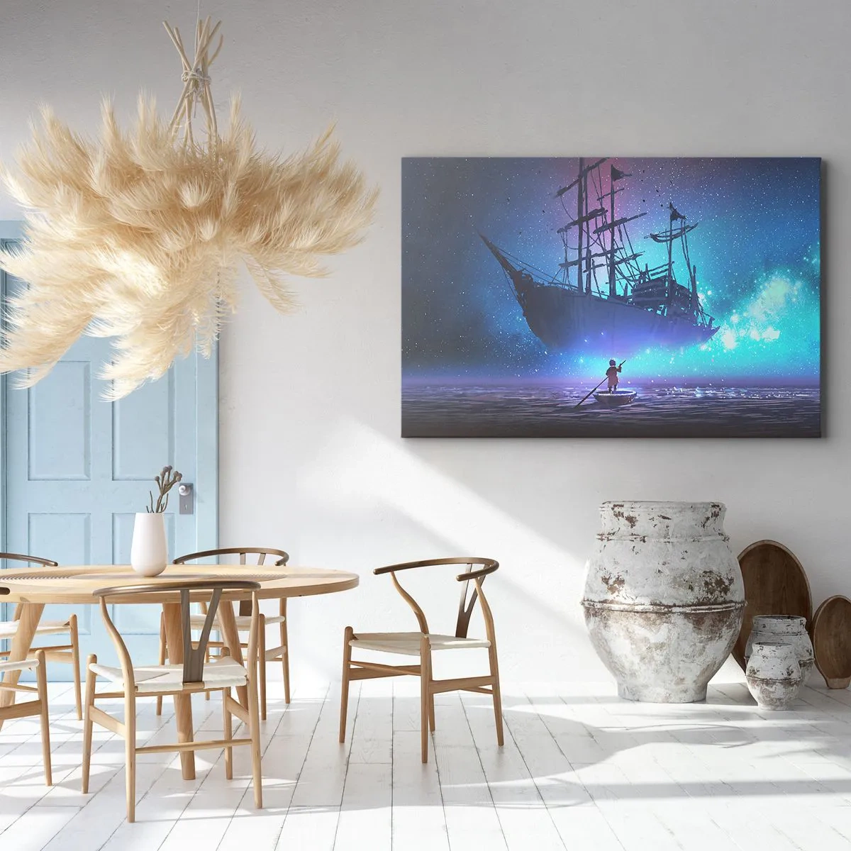 Quadro em tela - Um navio fantástico contra o céu estrelado - 70x50cm - Um encontro com o mito do mar - Decoração de parede moderna para a sala de estar e quarto ARTTOR