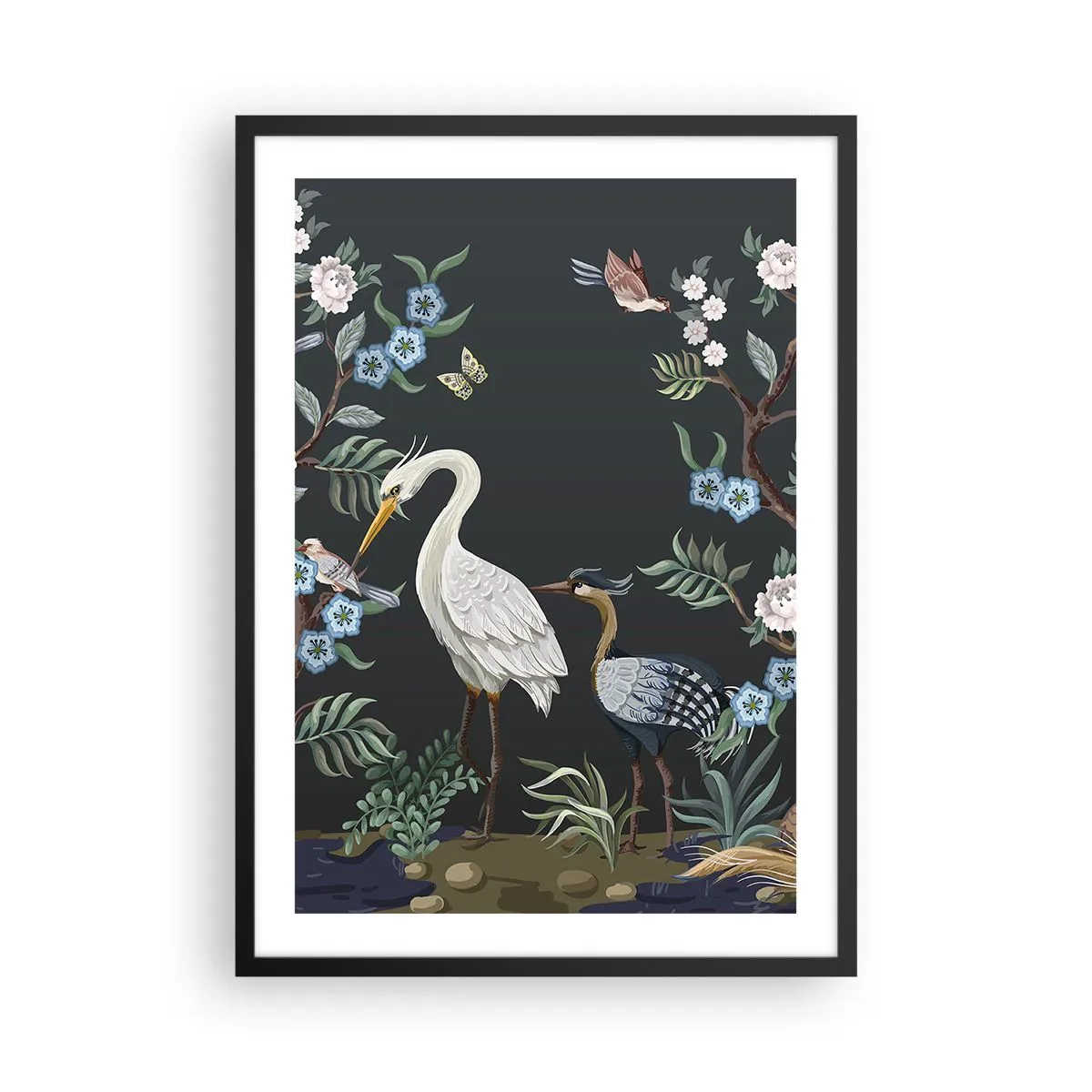 Pôster com moldura preta - Ilustração de pássaros entre flores em um fundo escuro - 50x70cm - Desfile de pássaros - Decoração de parede moderna para a sala de estar e quarto ARTTOR