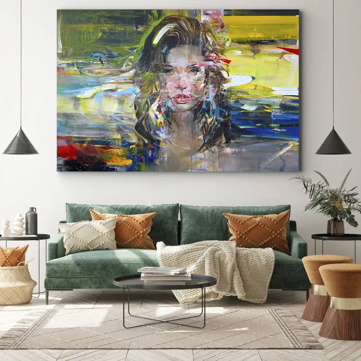 Quadro em tela - Retrato abstrato de uma mulher em cores intensas - 70x50cm - Atrás da cortina de ar - Decoração de parede moderna para a sala de estar e quarto ARTTOR