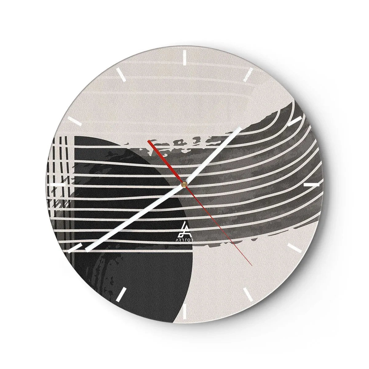 Relógio de parede - Relógio em vidro - Composição geométrica com linhas e semicírculos em tons de cinza. - 30x30cm - Ida e volta - Decoração de parede moderna para a sala de estar, cozinha e quarto ARTTOR