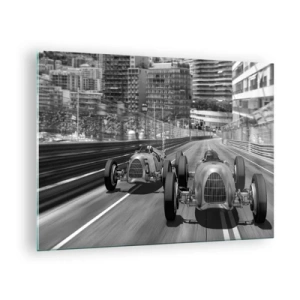 Quadro em vidro - Corrida de carros histórica em preto e branco - 70x50cm - Era uma vez em Monte Carlo - Decoração de parede moderna para a sala de estar e quarto ARTTOR