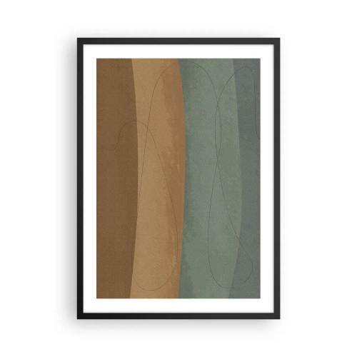 Pôster com moldura preta - Linhas orgânicas em fundos terrosos e verdes - 50x70cm - Composição horizontal - Decoração de parede moderna para a sala de estar e quarto ARTTOR