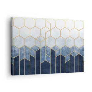Quadro em tela - Padrão geométrico em tons de dourado e azul marinho - 70x50cm - Composição em ritmo sincopado - Decoração de parede moderna para a sala de estar e quarto ARTTOR
