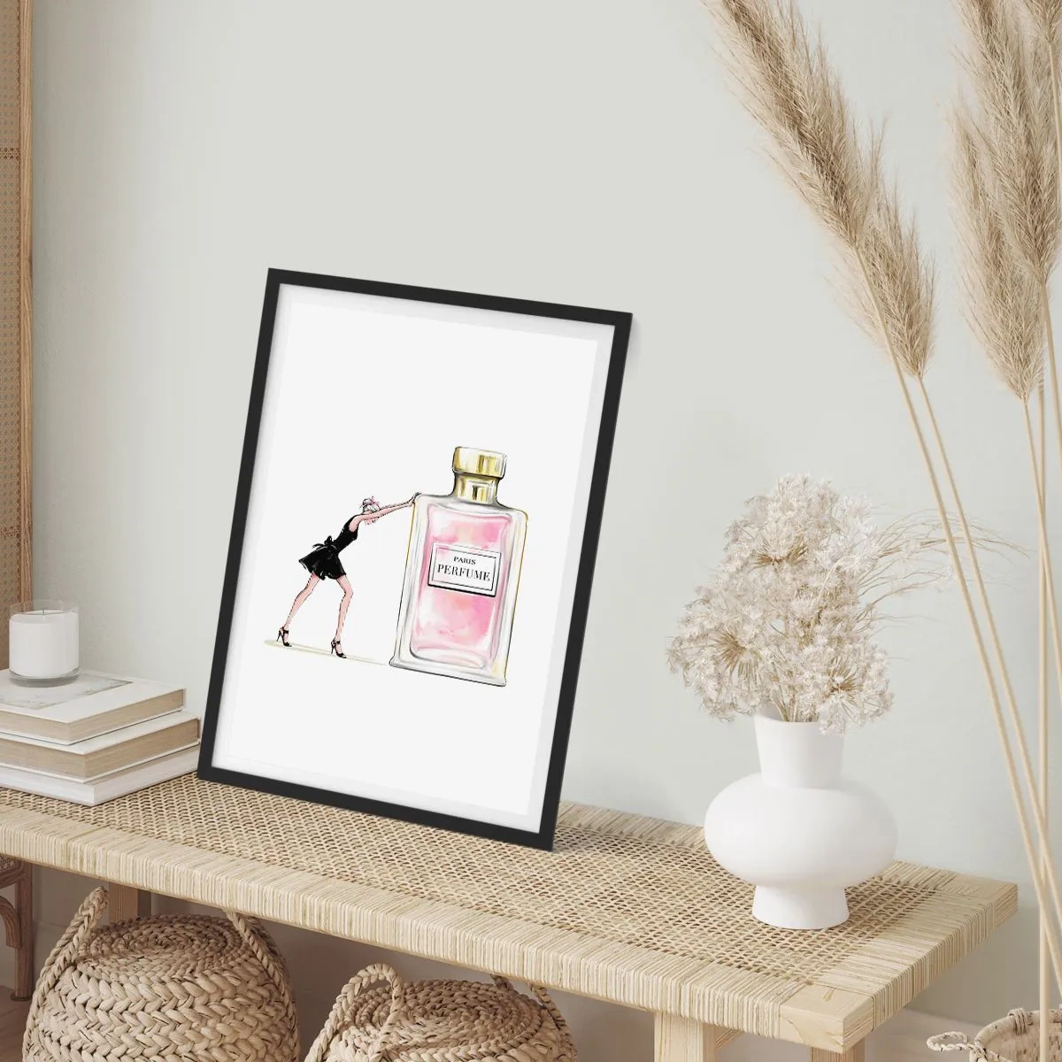 Pôster com moldura preta - Ilustração de um frasco de perfume com a silhueta de uma mulher usando um vestido - 50x70cm - A essência da feminilidade - Decoração de parede moderna para a sala de estar e quarto ARTTOR