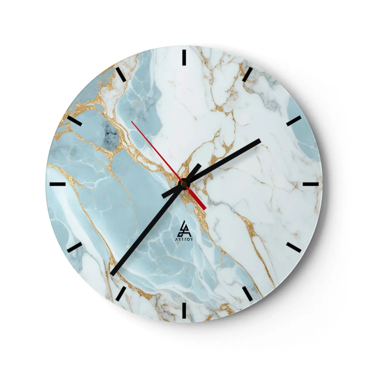 Relógio de parede - Relógio em vidro - Mármore azul e branco com veios dourados por toda parte - 30x30cm - Riqueza de pedra - Decoração de parede moderna para a sala de estar, cozinha e quarto ARTTOR