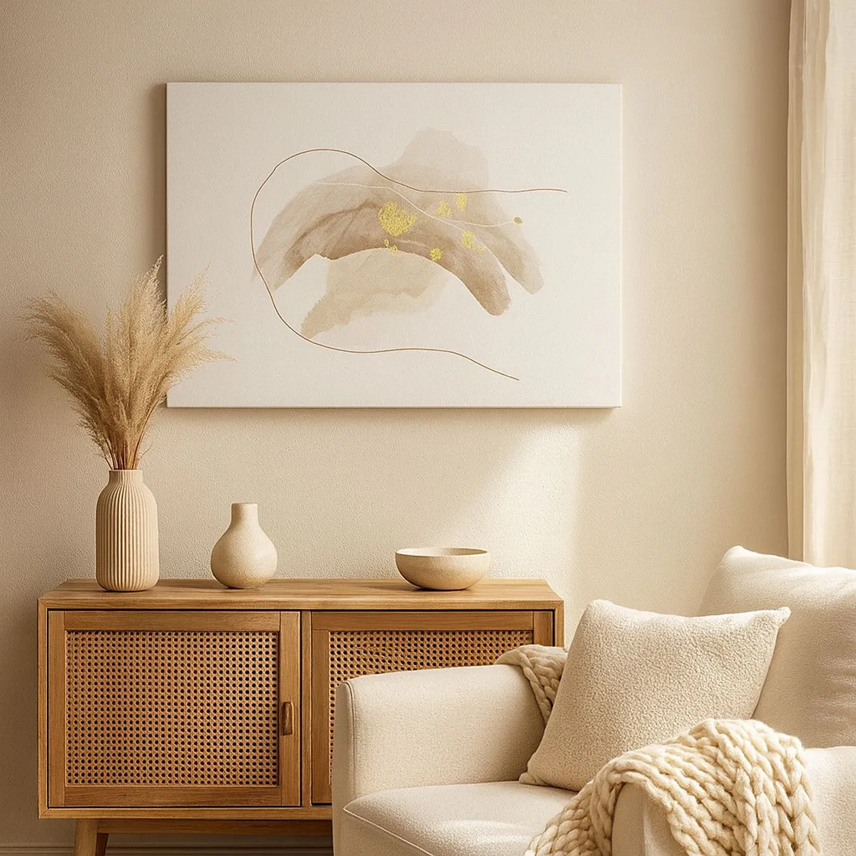 Quadro em tela - Uma composição abstrata em tons de bege e dourado. - 70x50cm - Encontrado no espaço - Decoração de parede moderna para a sala de estar e quarto ARTTOR