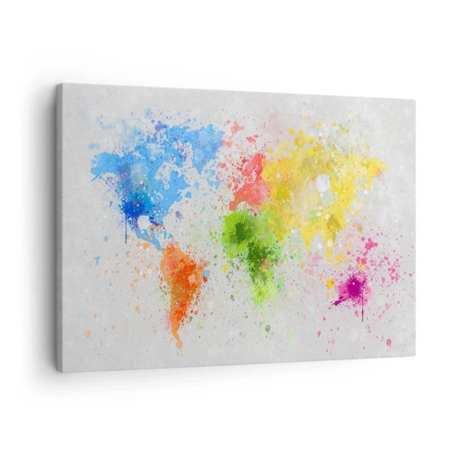 Quadro em tela - Um mapa-múndi em uma interpretação colorida em aquarela - 70x50cm - Todas as cores do mundo - Decoração de parede moderna para a sala de estar e quarto ARTTOR