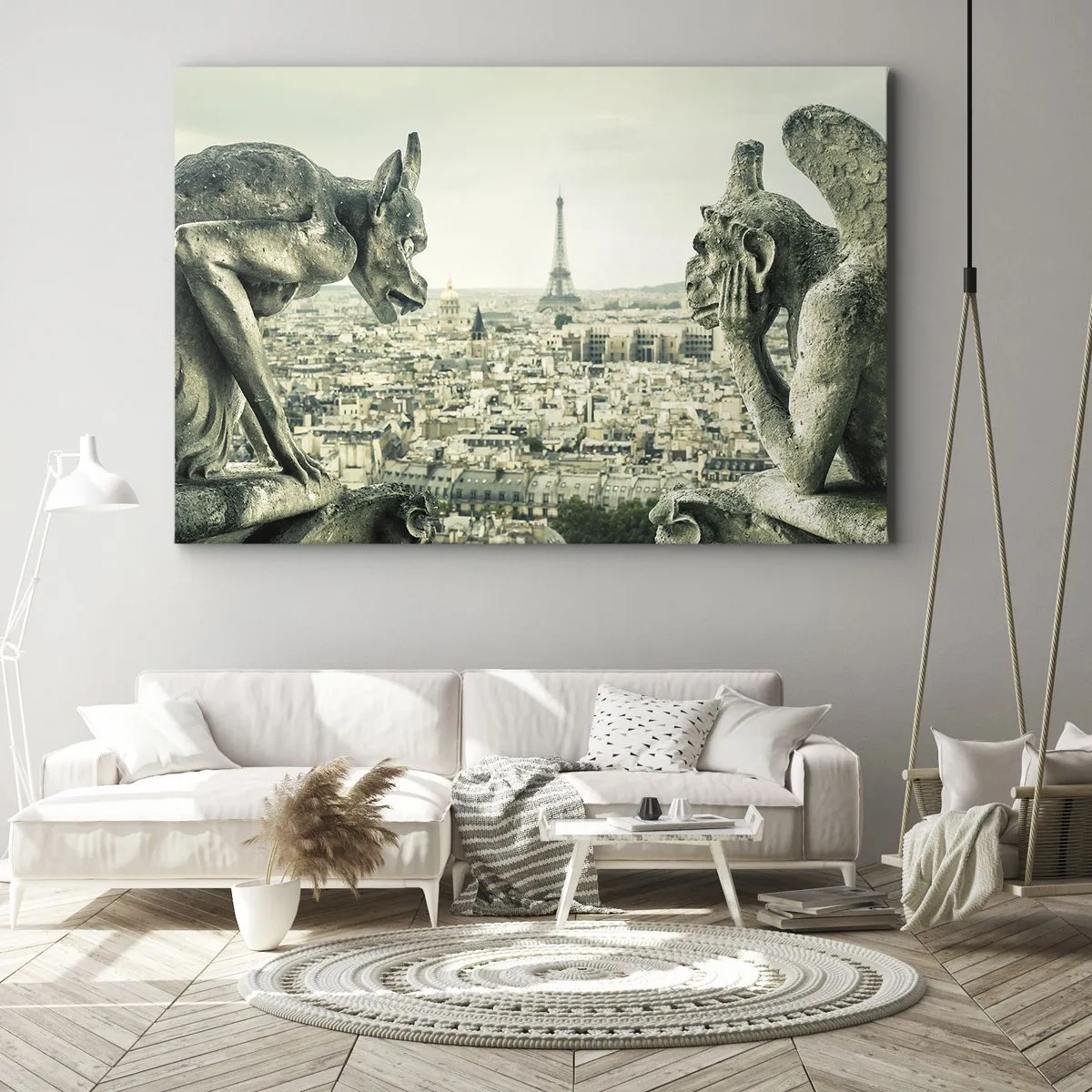 Quadro em tela - Gárgulas com vista para o horizonte de Paris e a Torre Eiffel - 70x50cm - Conversas parisienses - Decoração de parede moderna para a sala de estar e quarto ARTTOR
