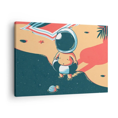 Quadro em tela - Astronauta engraçado na praia com elementos espaciais ao fundo - 70x50cm - De uma perspetiva diferente - Decoração de parede moderna para a sala de estar e quarto ARTTOR