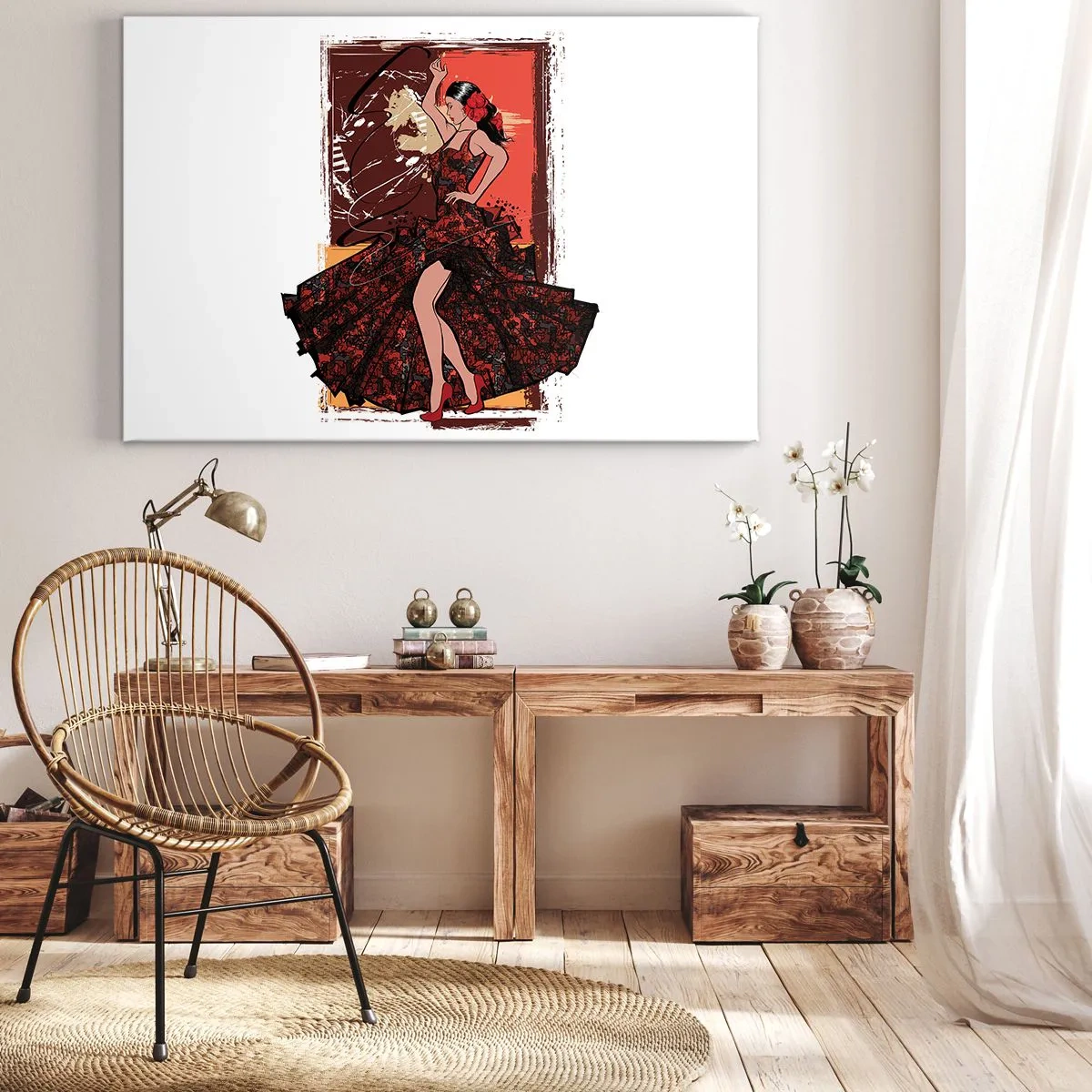 Quadro em tela - Uma dançarina com um vestido vermelho e preto sobre um fundo artístico - 70x50cm - No ritmo do coração - Decoração de parede moderna para a sala de estar e quarto ARTTOR