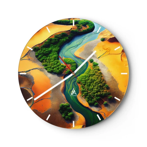 Relógio de parede - Relógio em vidro - Um rio serpenteando por uma paisagem desértica verdejante - 30x30cm - Rio que dá vida - Decoração de parede moderna para a sala de estar, cozinha e quarto ARTTOR