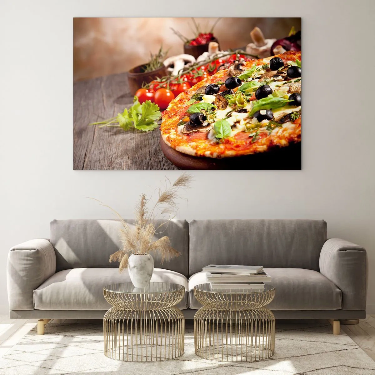 Quadro em vidro - Pizza com azeitonas, cogumelos e ervas frescas em uma mesa de madeira - 70x50cm - Ingredientes telúricos - Decoração de parede moderna para a sala de estar e quarto ARTTOR