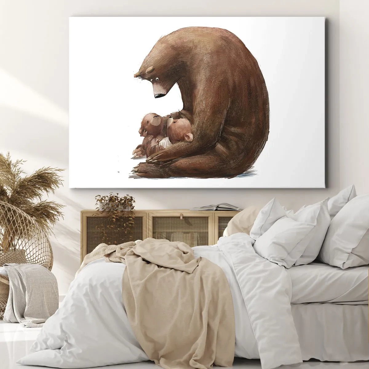 Quadro em tela - Uma mãe ursa com dois ursinhos nos braços - 70x50cm - Doces sonhos, crianças - Decoração de parede moderna para a sala de estar e quarto ARTTOR